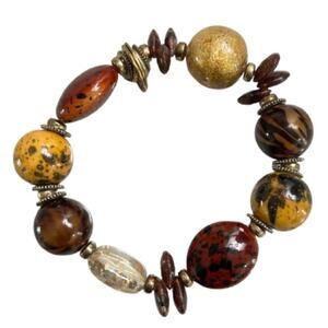 GUC Elegant Gold and Brown Beaded Stretch Fashion Jewelry Bracelet.